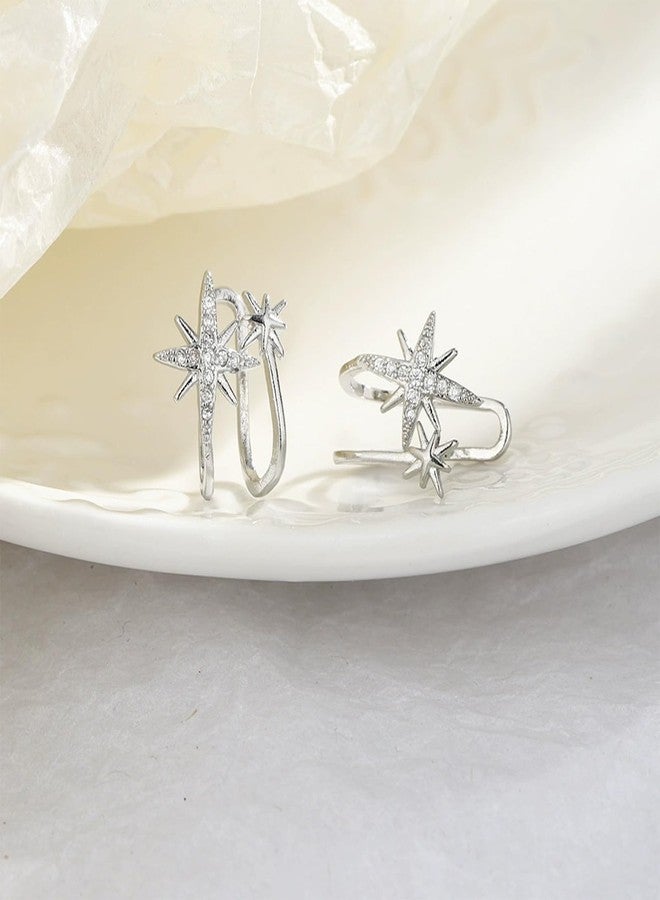 WZNBBOY 925 Sterling Silver Starburst Ear Cuff Earrings Boho Crystal Northstar Non Piercing Earrings Dainty Hexagram CZ Ear Clip Wrap Around Sparkling Star Cartilage Cuff Earrings for Women - Image 5